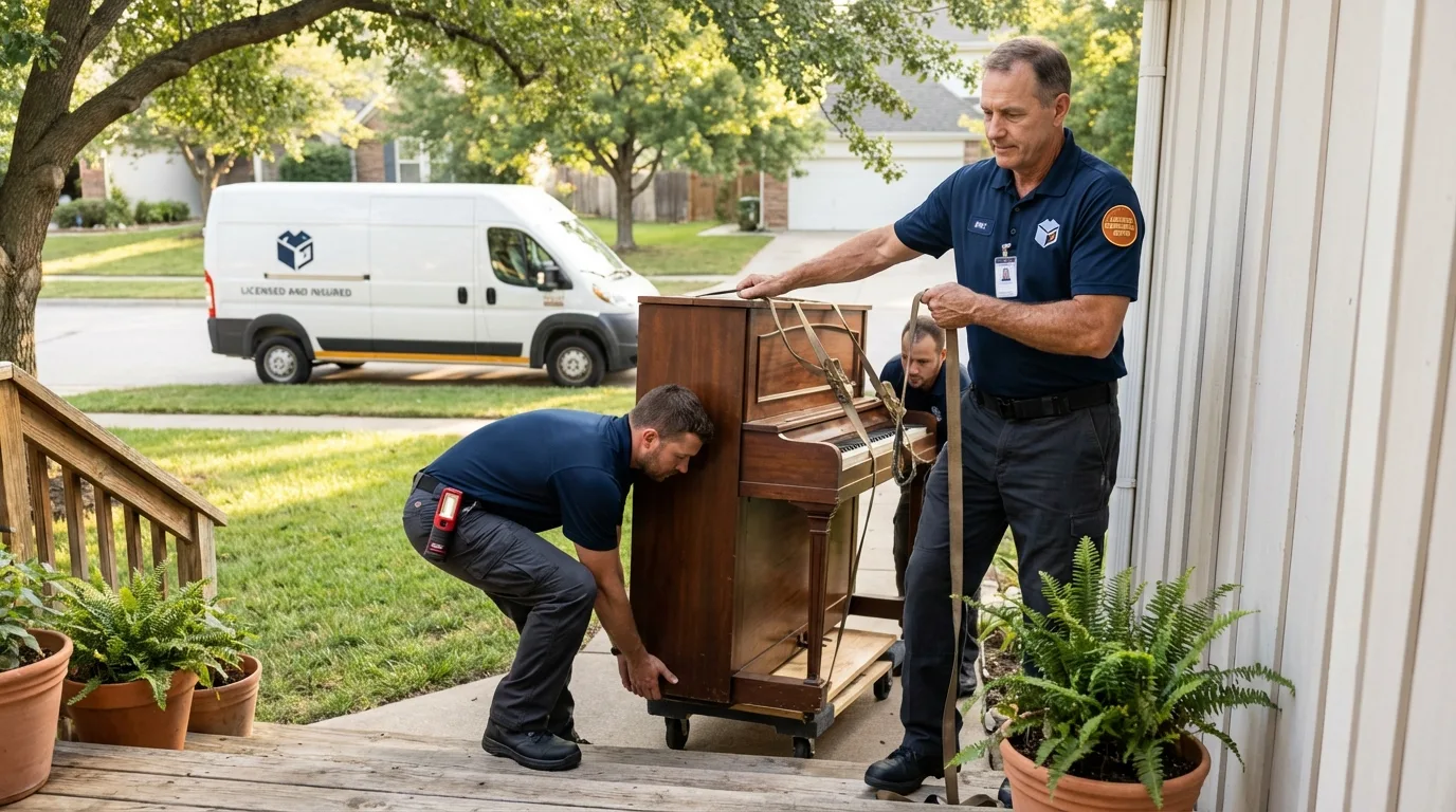 Licensed piano movers securing grand piano in Thurmont, MD